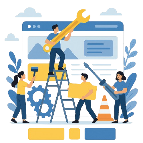 Maintenance illustration with team working on website development